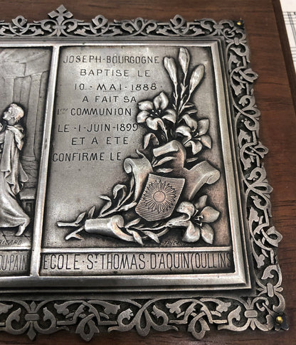 Rare Antique French First Communion Religious Plaque Stand Signed Tricard c1899