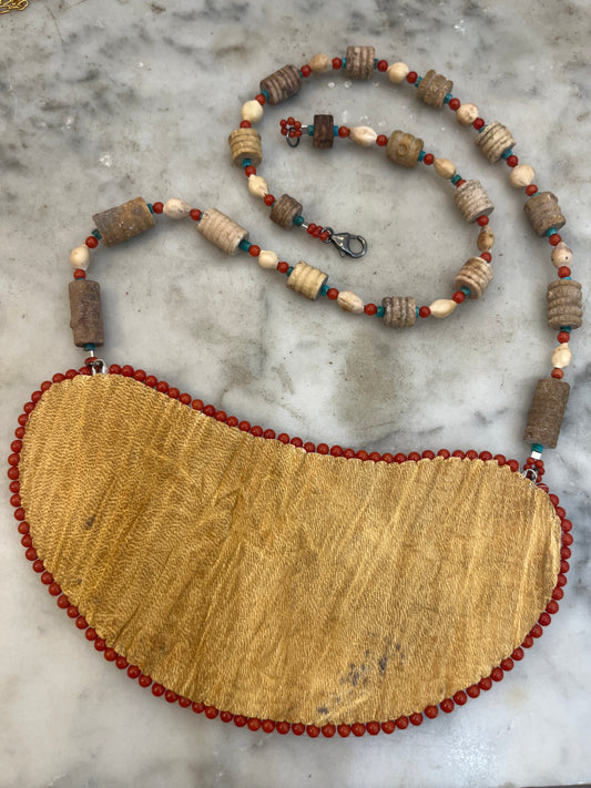 Fox Gorget with coral, seed beads and crinoids