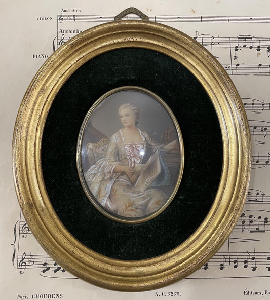 Antique French Miniature Woman Portrait Velvet Glass Signed Hil c1920