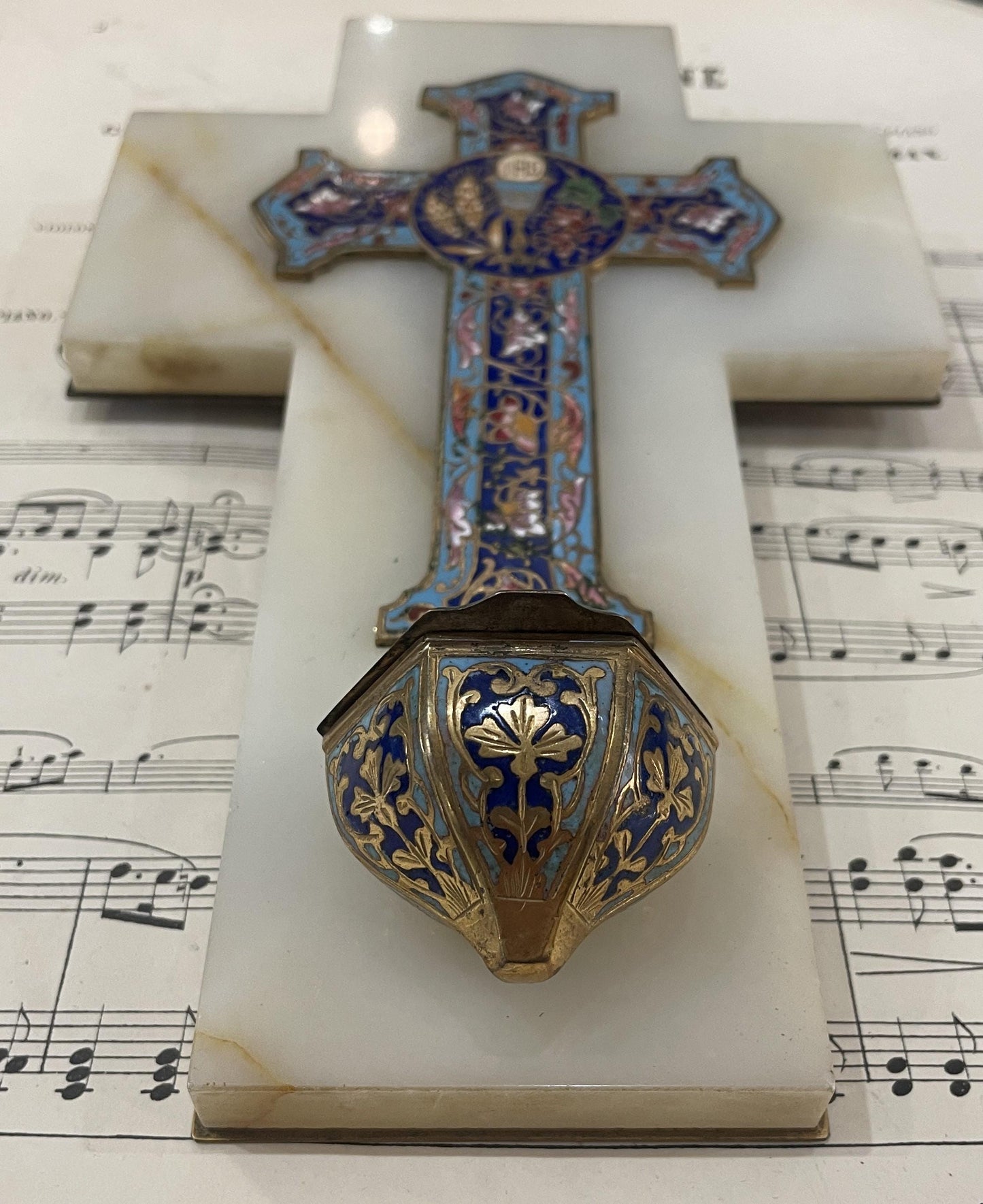 Antique French Champleve Enamel Onyx Holy Water Font Cross Crucifix c1880