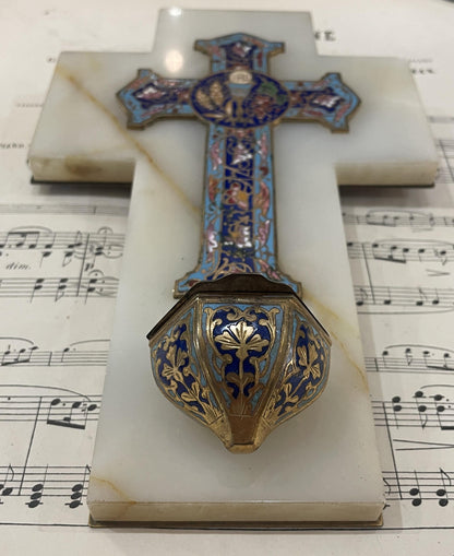 Antique French Champleve Enamel Onyx Holy Water Font Cross Crucifix c1880