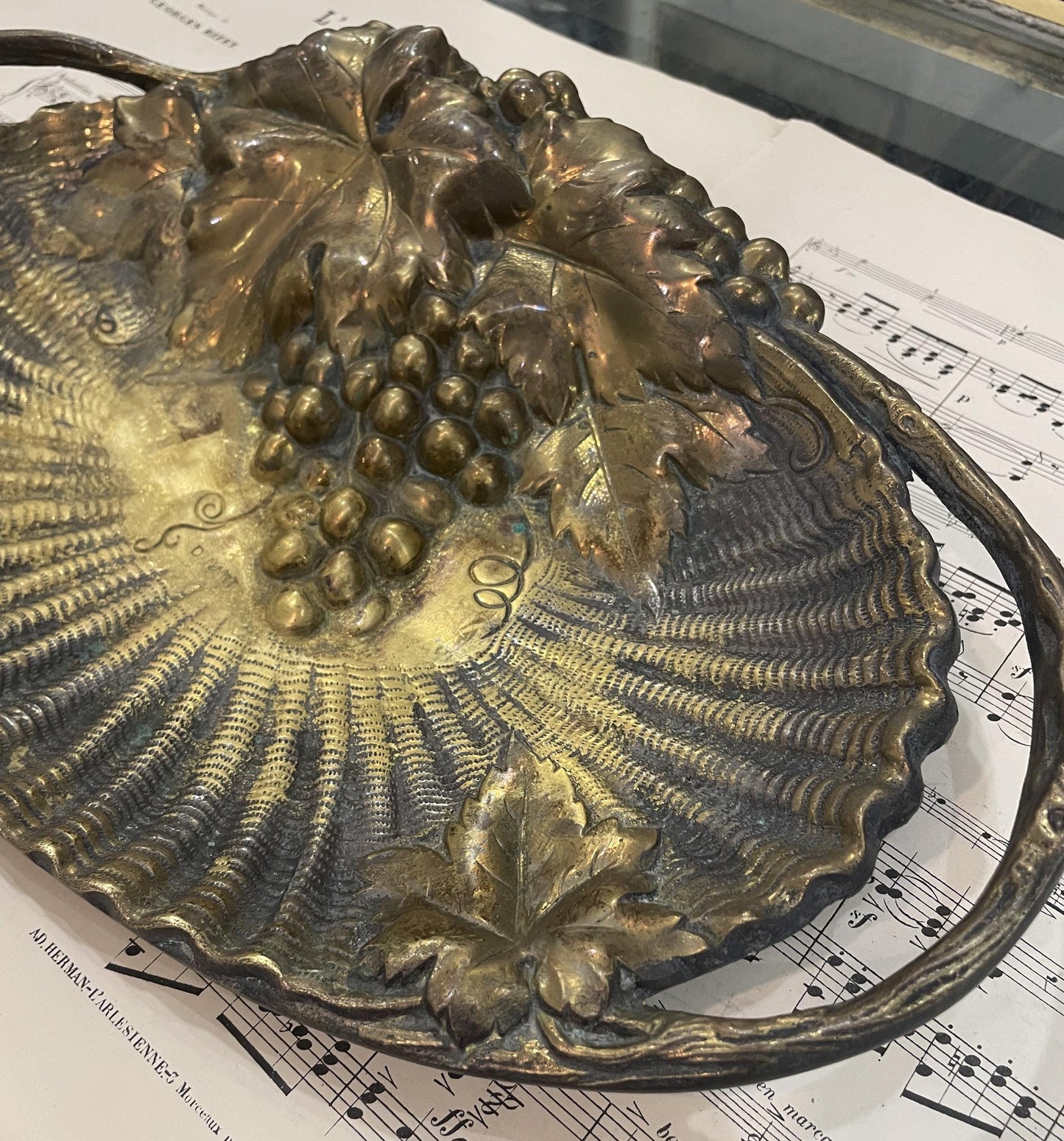 Large Antique French Art Nouveau Bronze Tray with Grapes c1900