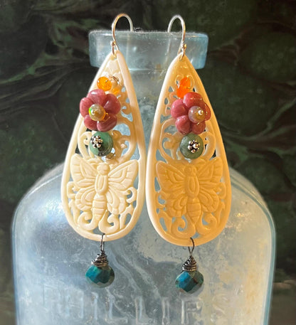 Carved butterfly earrings with azurite, gemstone flowers, opals and wire wrapped with sterling silver