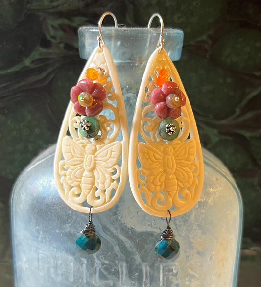 Carved butterfly earrings with azurite, gemstone flowers, opals and wire wrapped with sterling silver