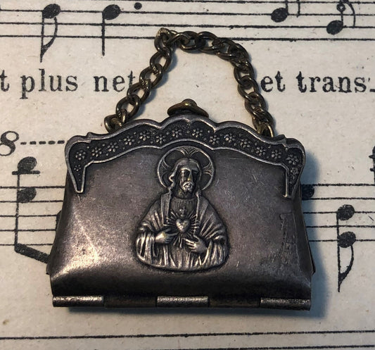 Antique French Souvenir Photos Pendant / Purse Jesus Sacred Heart c.1910