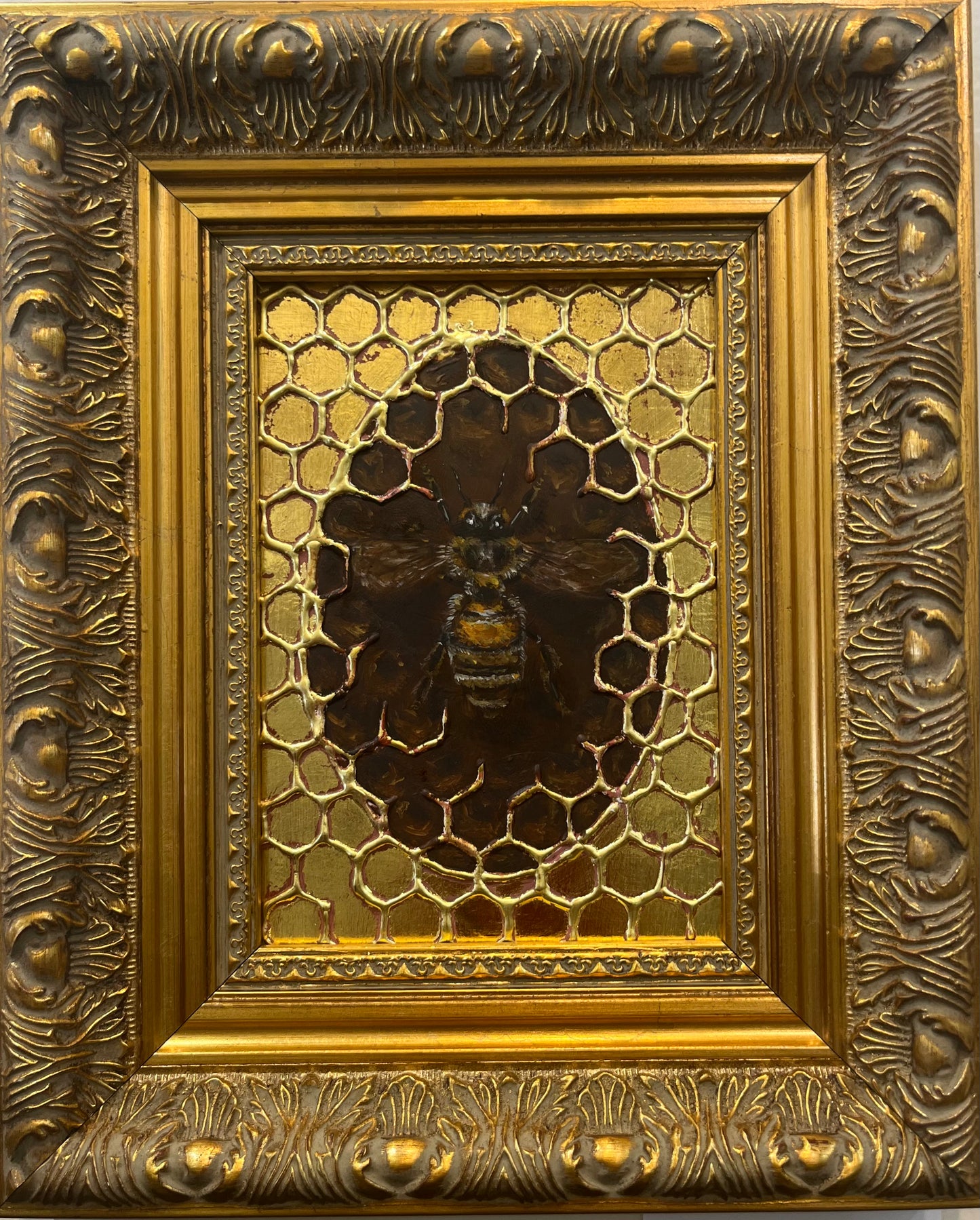 Hive Relic - Original Framed Oil and Gold Leaf on Board Painting by Mercurial Muse