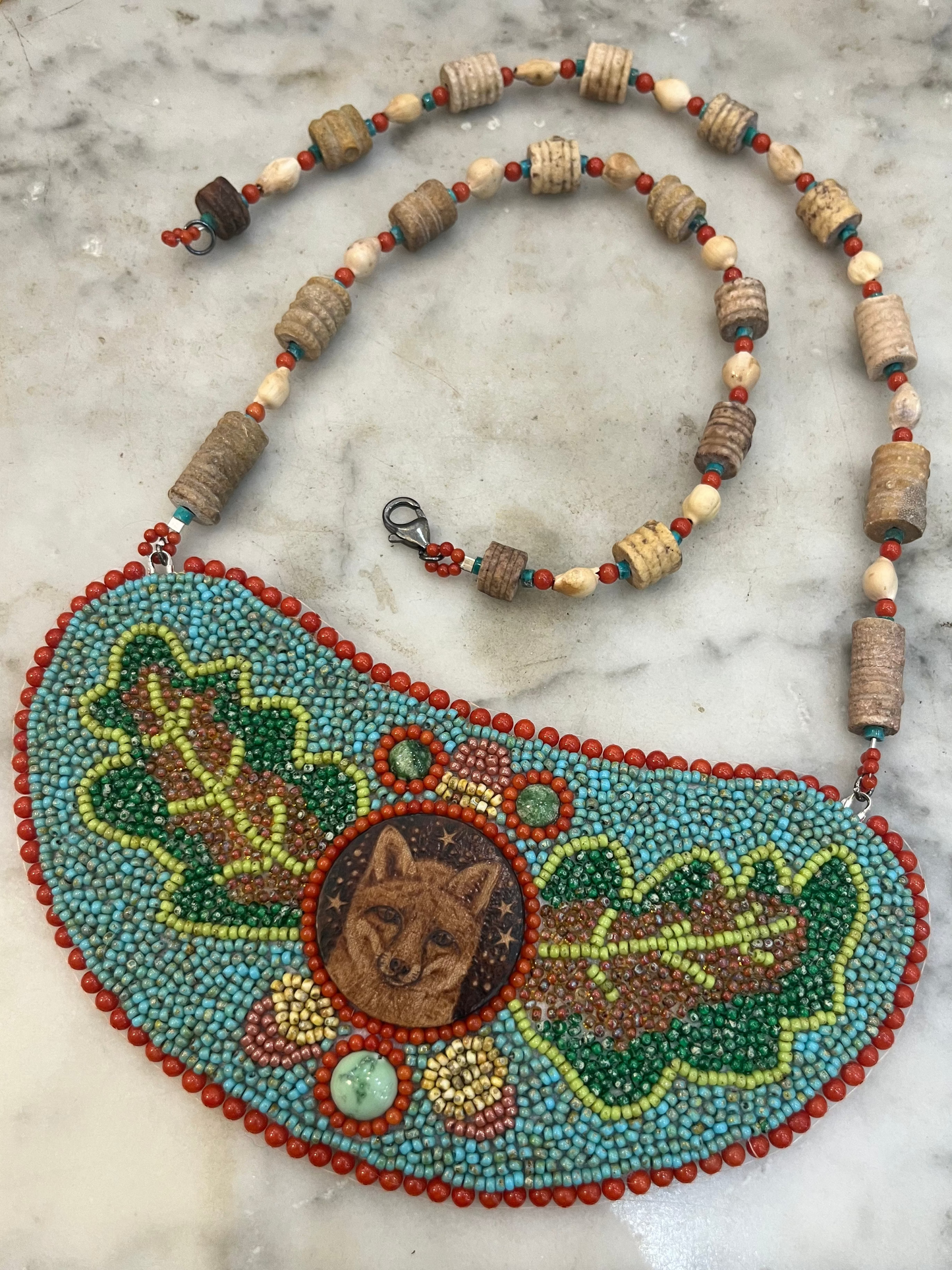 Fox Gorget with coral, seed beads and crinoids