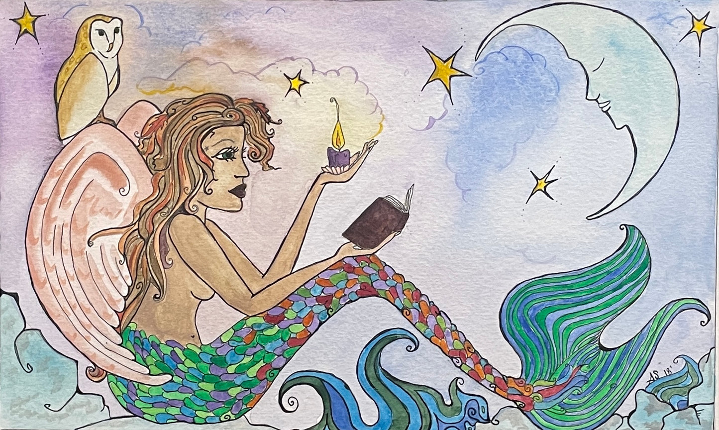 Moonlight Mermaid - Original Framed Watercolor