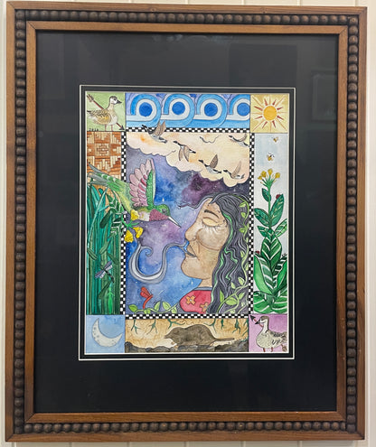 Hummingbird and Tobacco - Original Framed Watercolor