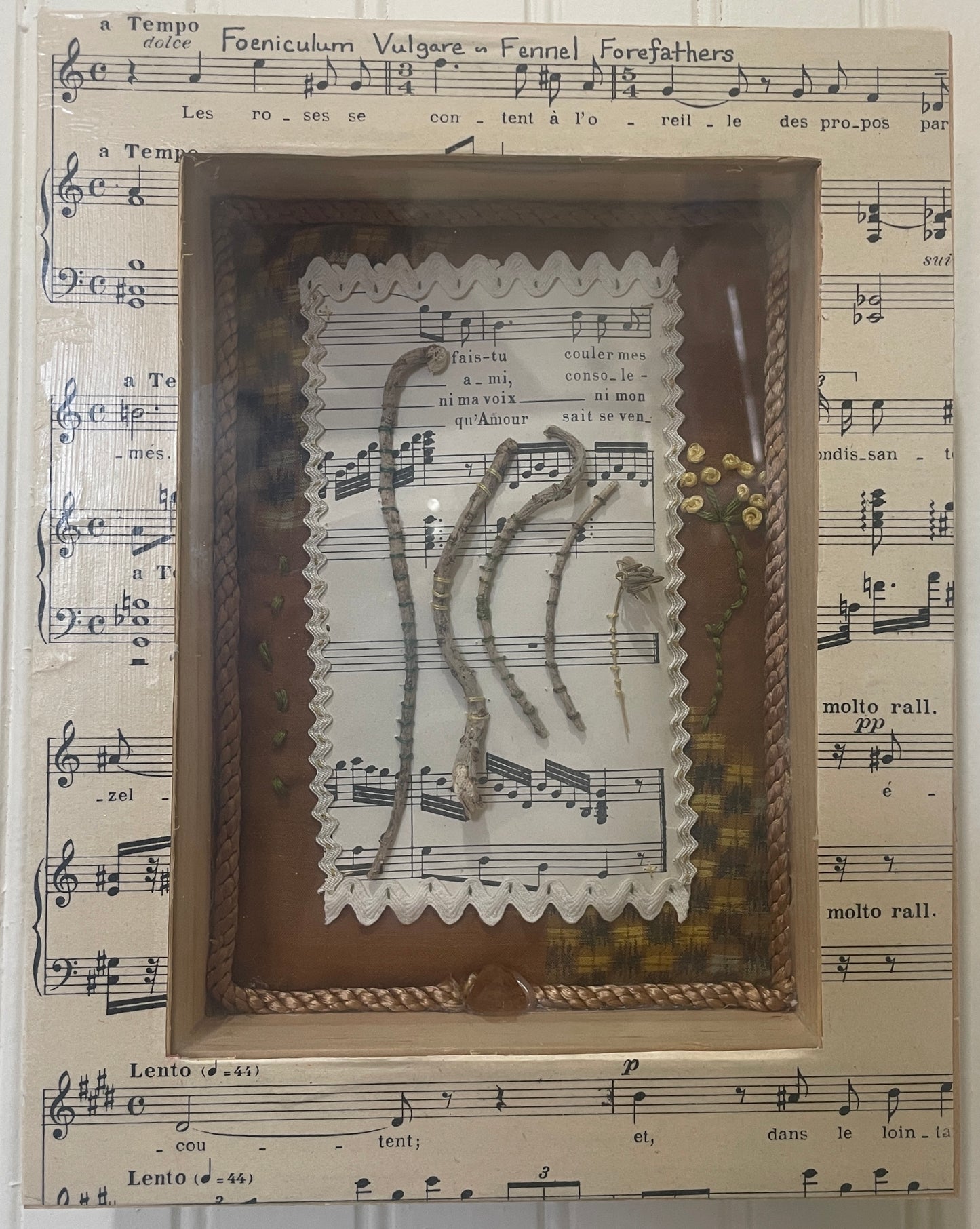 Fennel Forefathers shadow box with fennel roots, embroidery and vintage Japanese kimono silk