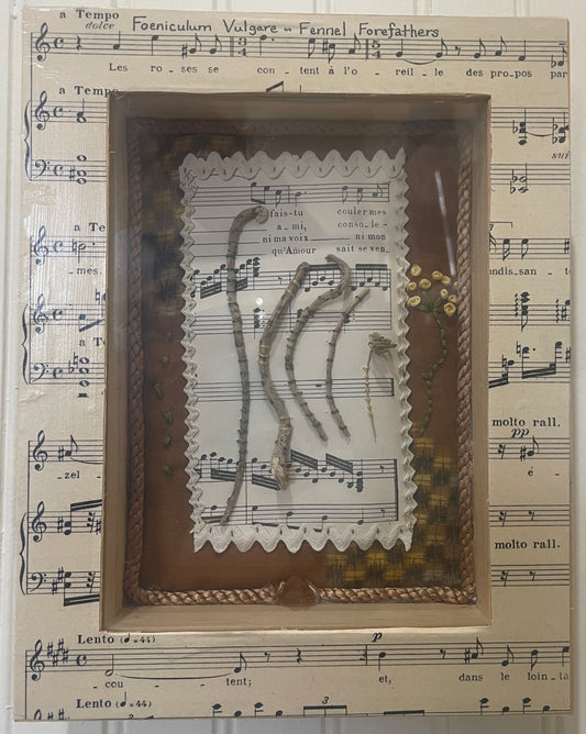 Fennel Forefathers shadow box with fennel roots, embroidery and vintage Japanese kimono silk