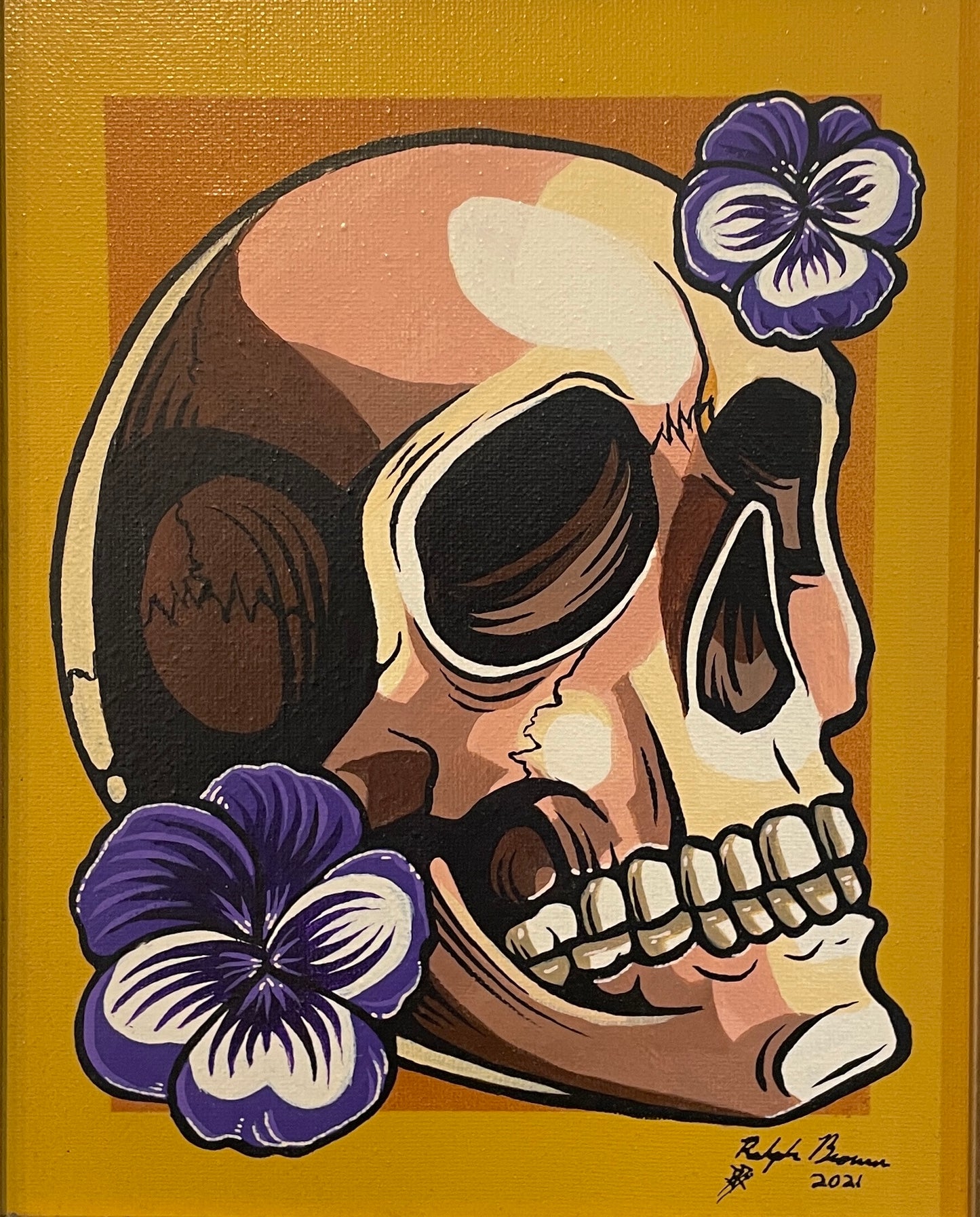 Skull with Pansy - Original Framed Oil on Canvas Painting