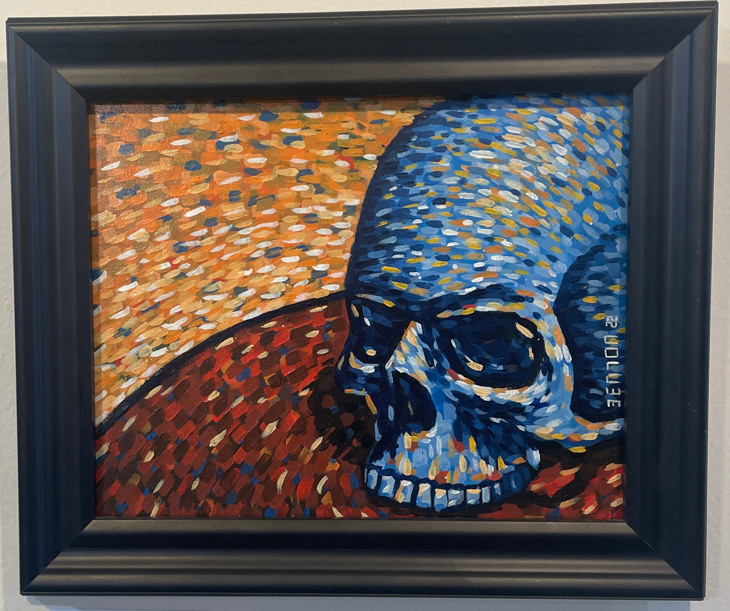 Red, Yellow and Blue Skull - Original Framed Oil on Board Painting