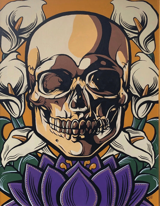 Lotus Skull with Callas - Original Framed Oil on Canvas Painting