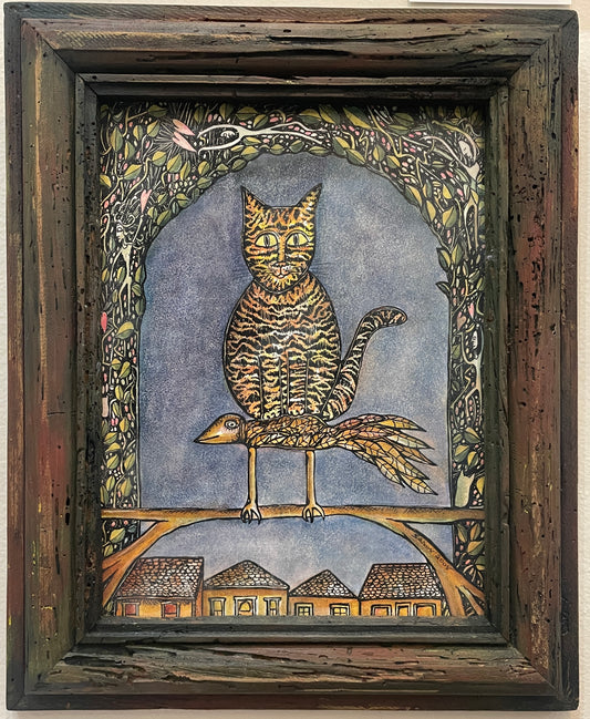 Cat Bird - Original Framed Acrylic & Pen and Ink on Board Painting