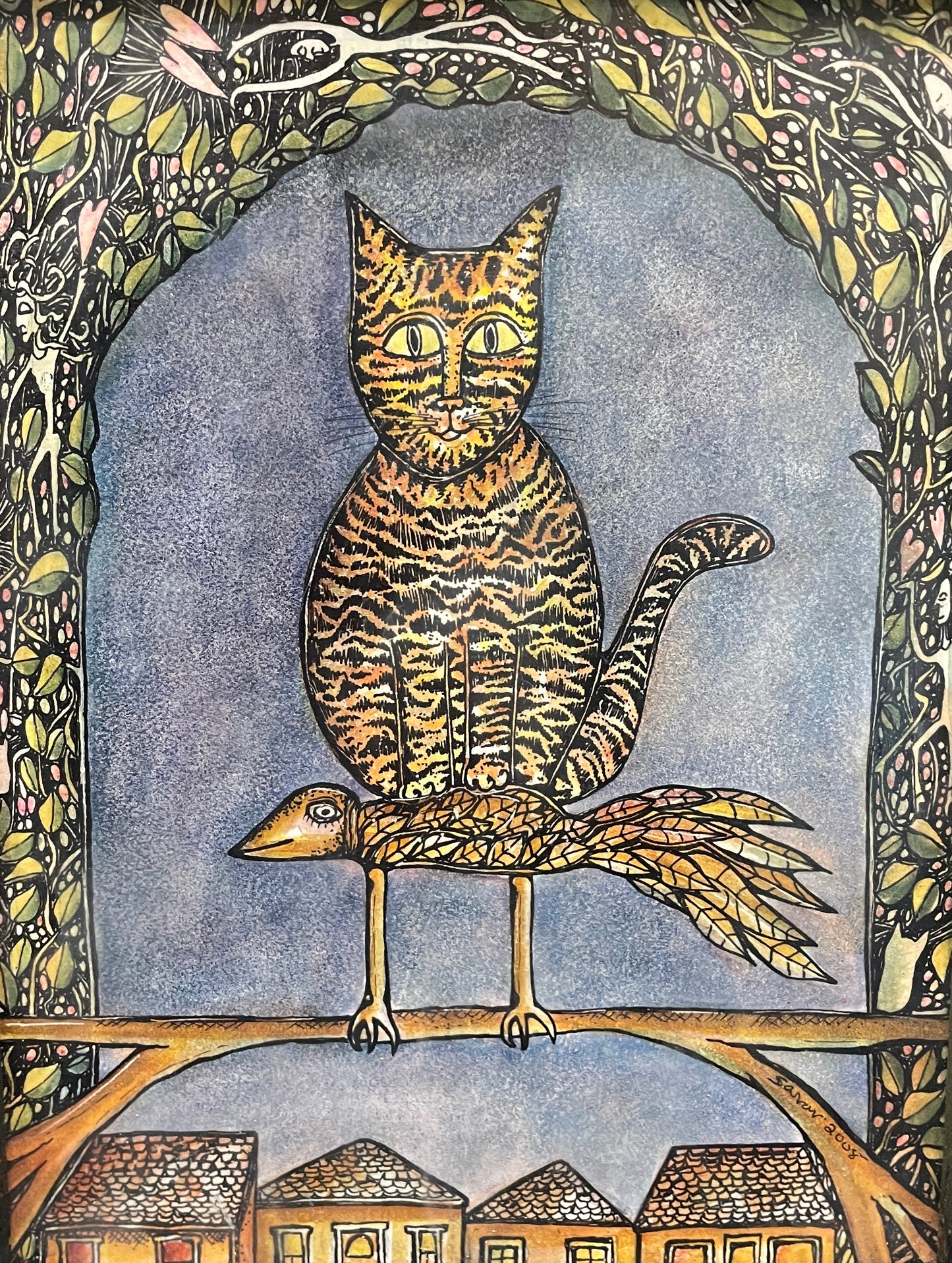 Cat Bird - Original Framed Acrylic & Pen and Ink on Board Painting