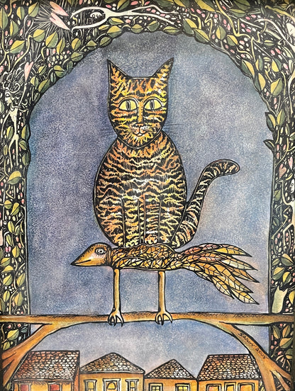 Cat Bird - Original Framed Acrylic & Pen and Ink on Board Painting