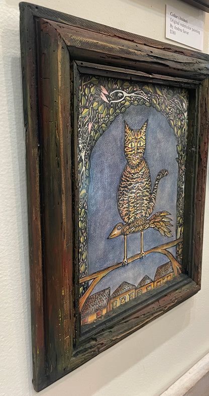 Cat Bird - Original Framed Acrylic & Pen and Ink on Board Painting