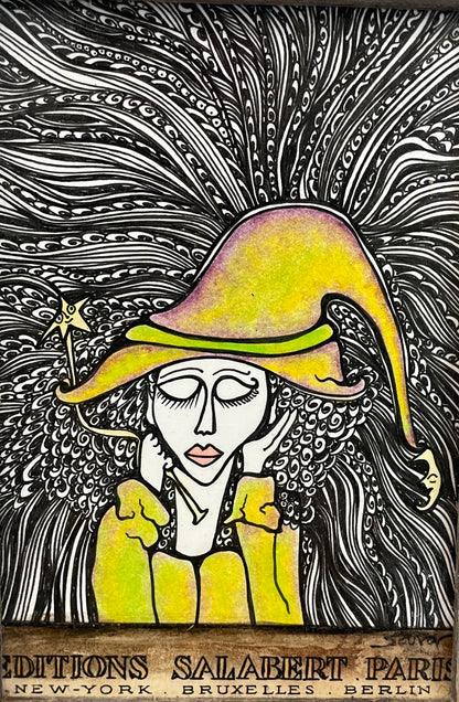 Wish Witch - Original Framed Acrylic & Pen and Ink on Board Painting