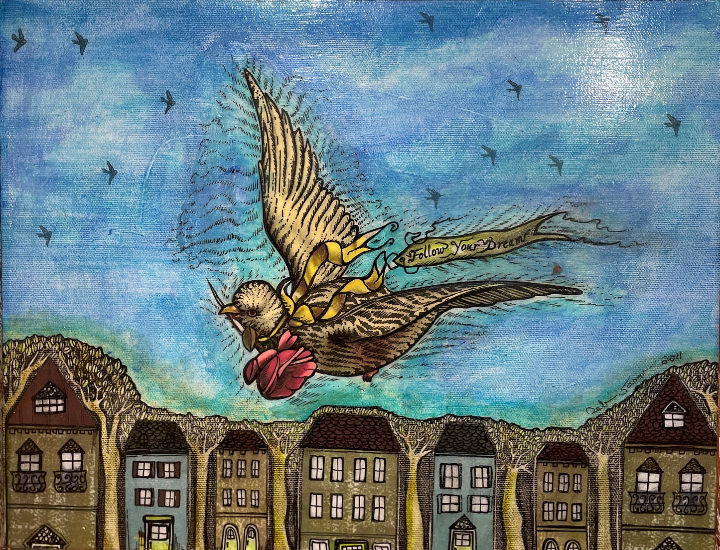 Taking Flight - Original Framed Acrylic & Pen and Ink on Board Painting