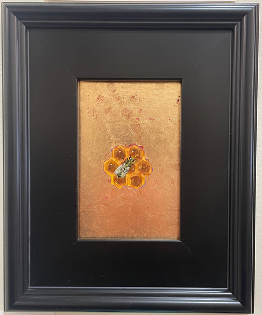 Bee Relic - Original Framed Oil and Gold Leaf on Board Painting by Mercurial Muse