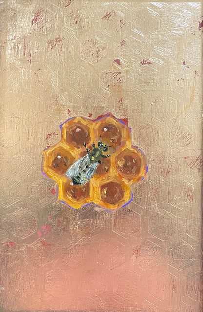 Bee Relic - Original Framed Oil and Gold Leaf on Board Painting by Mercurial Muse