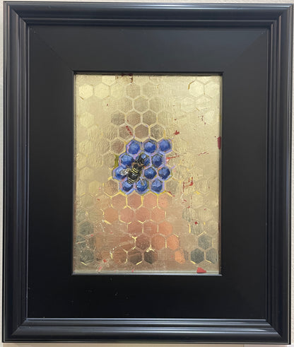 Blue Honey - Original Framed Oil and Gold Leaf on Board Painting by Mercurial Muse