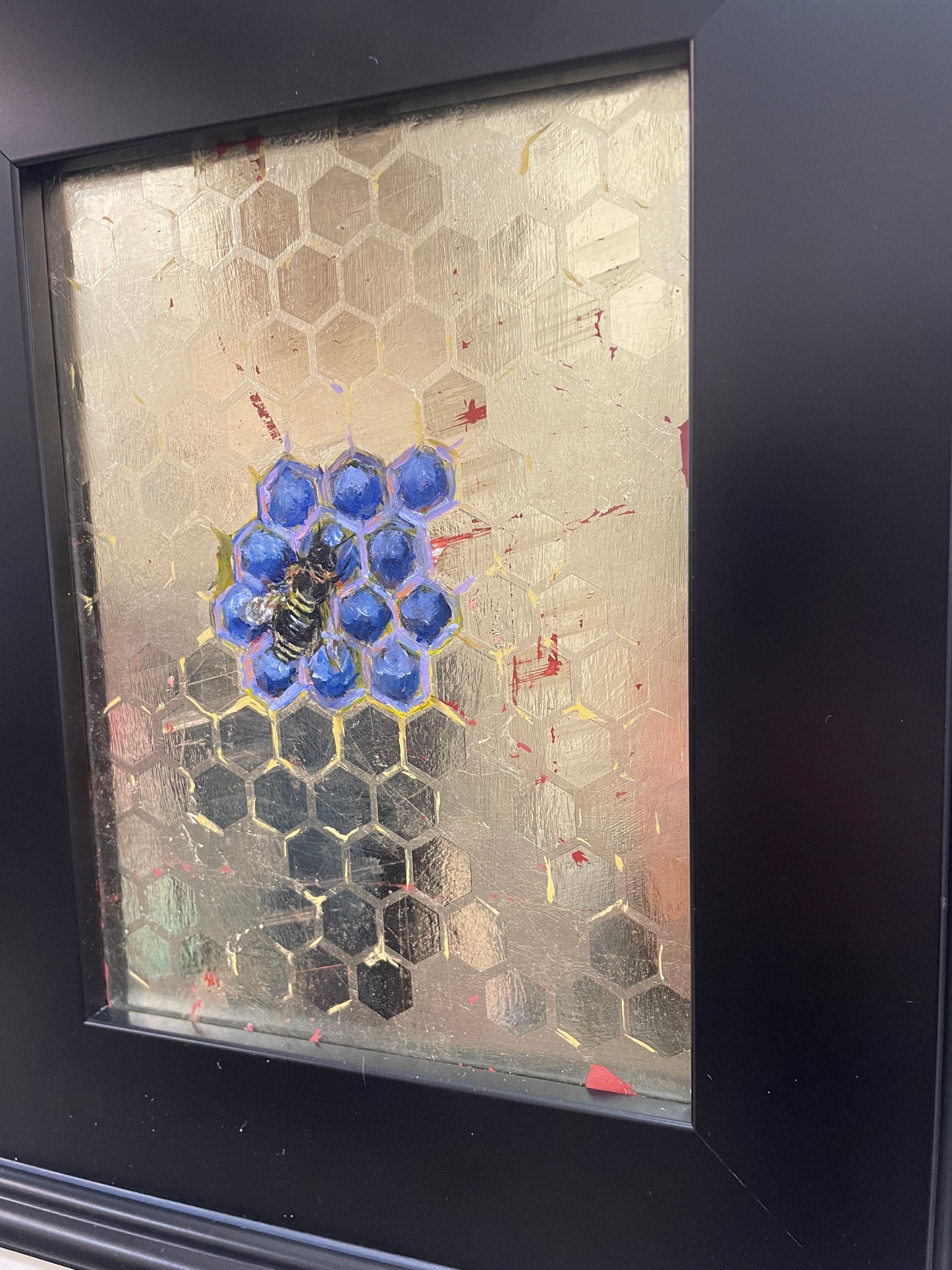 Blue Honey - Original Framed Oil and Gold Leaf on Board Painting by Mercurial Muse