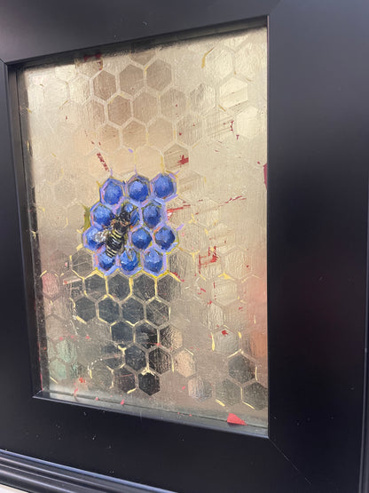 Blue Honey - Original Framed Oil and Gold Leaf on Board Painting by Mercurial Muse