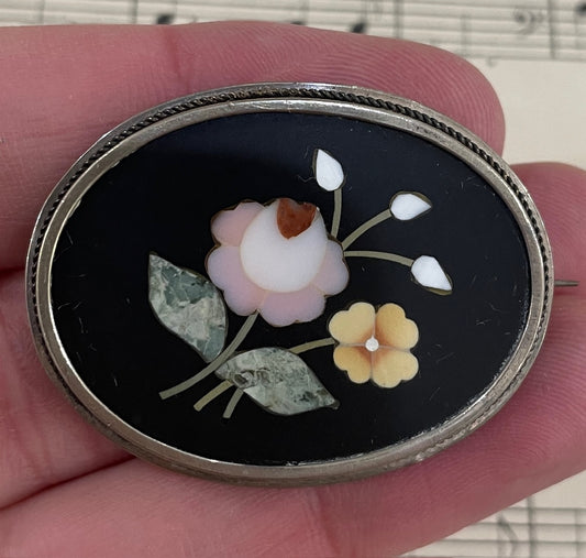 Antique Italian Pietra Dura Inlaid Stone Flowers Sterling Silver Brooch c1920
