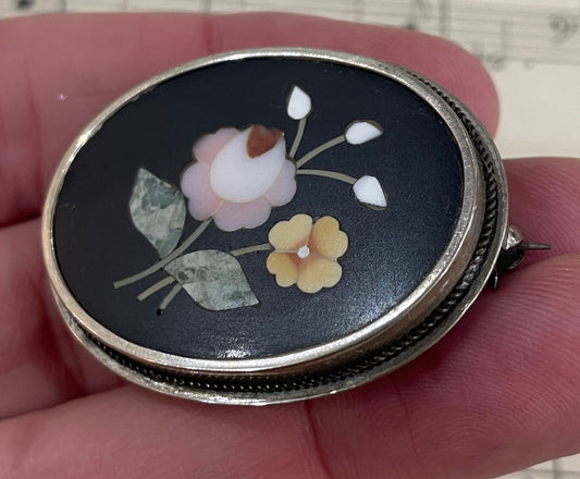 Antique Italian Pietra Dura Inlaid Stone Flowers Sterling Silver Brooch c1920