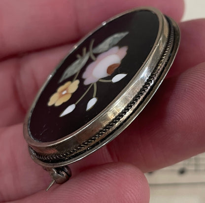 Antique Italian Pietra Dura Inlaid Stone Flowers Sterling Silver Brooch c1920