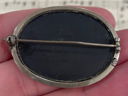 Antique Italian Pietra Dura Inlaid Stone Flowers Sterling Silver Brooch c1920