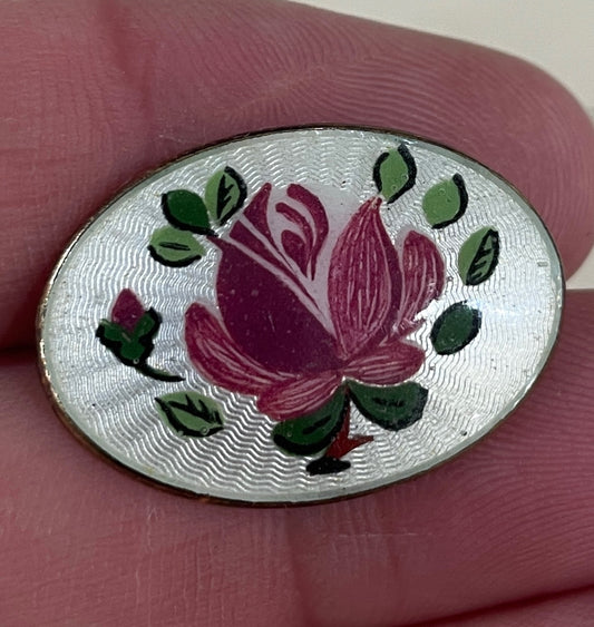 Antique Art Nouveau Enameled Guilloche Sterling Siver Brooch Rose c1920