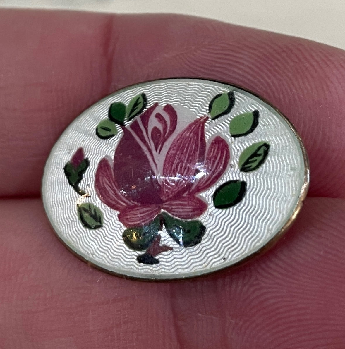 Antique Art Nouveau Enameled Guilloche Sterling Siver Brooch Rose c1920