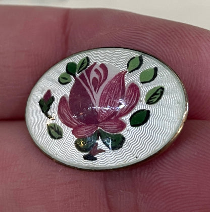 Antique Art Nouveau Enameled Guilloche Sterling Siver Brooch Rose c1920