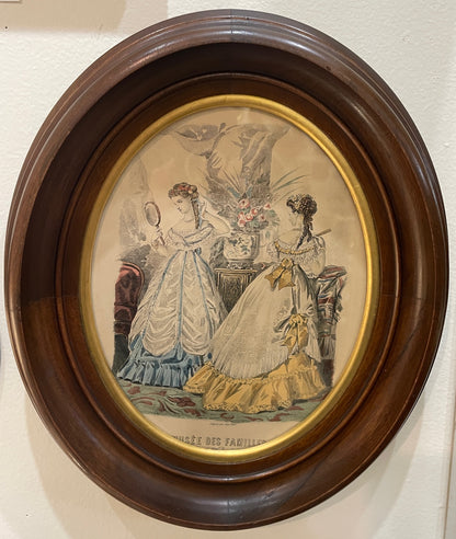 Antique French Fashion "La Mode Illustree" Engraving Wooden Frame Glass c1880