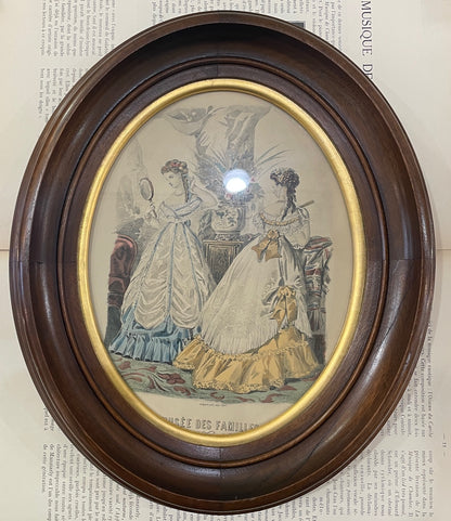 Antique French Fashion "La Mode Illustree" Engraving Wooden Frame Glass c1880