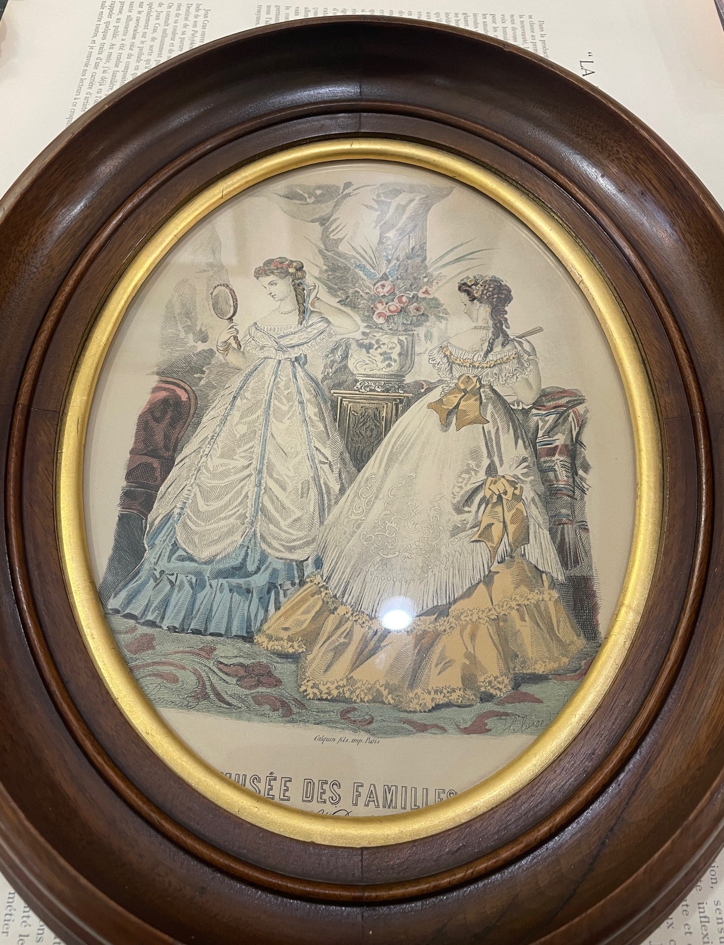 Antique French Fashion "La Mode Illustree" Engraving Wooden Frame Glass c1880