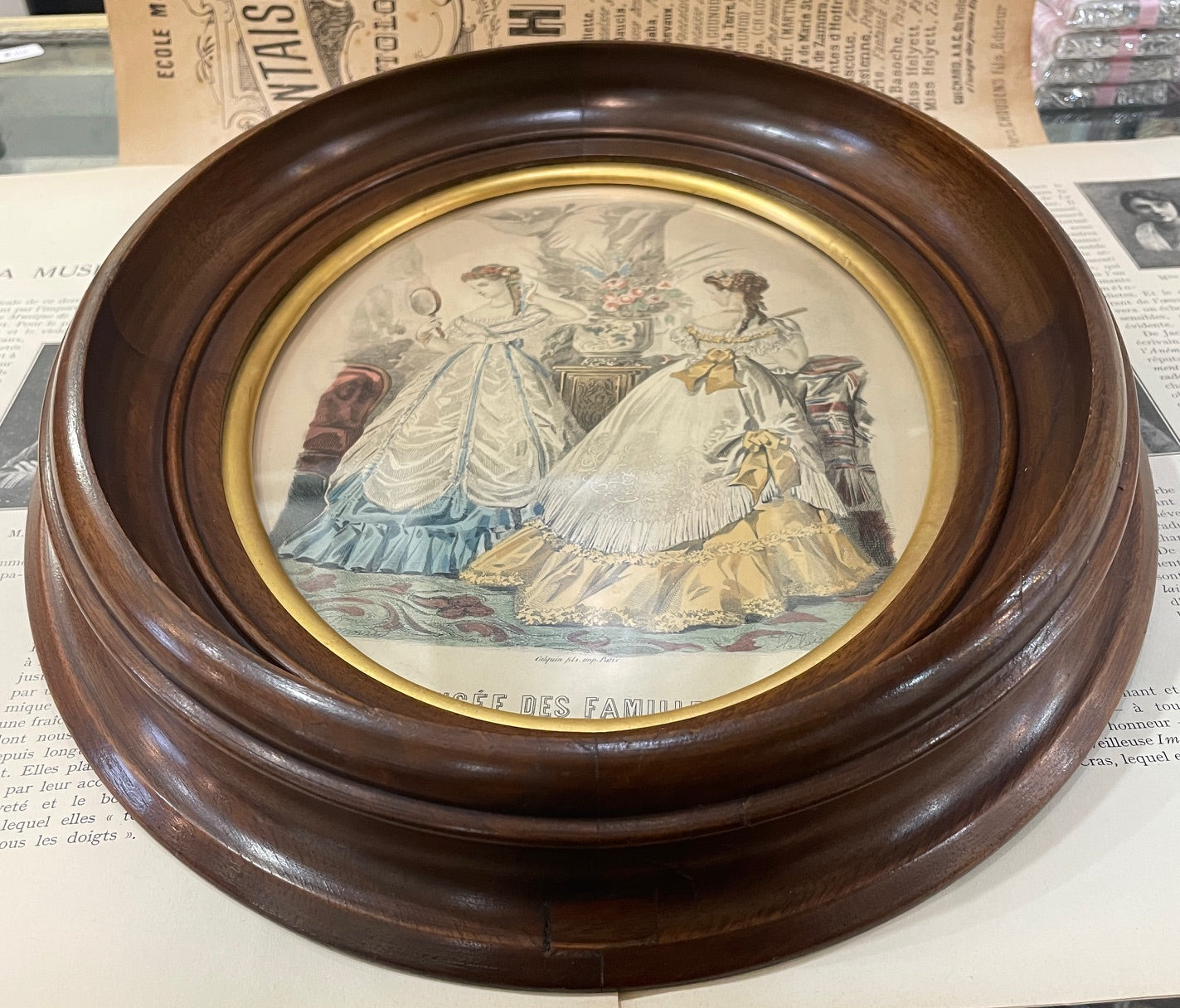 Antique French Fashion "La Mode Illustree" Engraving Wooden Frame Glass c1880
