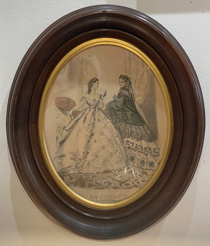 Antique French Fashion "La Mode Illustree" Engraving Wooden Frame Glass c1880