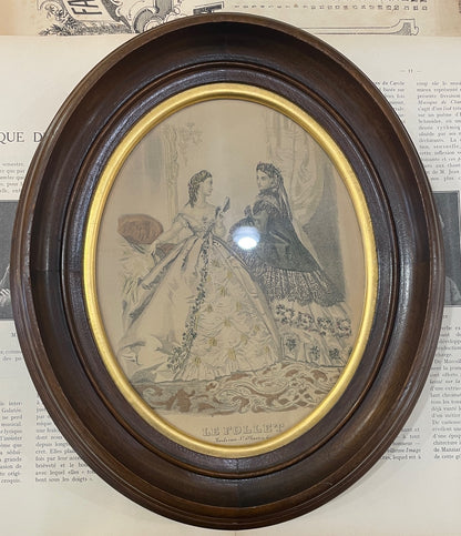 Antique French Fashion "La Mode Illustree" Engraving Wooden Frame Glass c1880