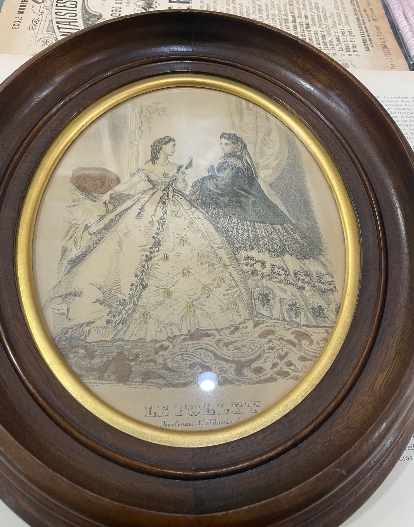 Antique French Fashion "La Mode Illustree" Engraving Wooden Frame Glass c1880