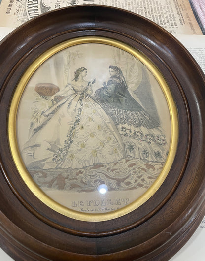 Antique French Fashion "La Mode Illustree" Engraving Wooden Frame Glass c1880