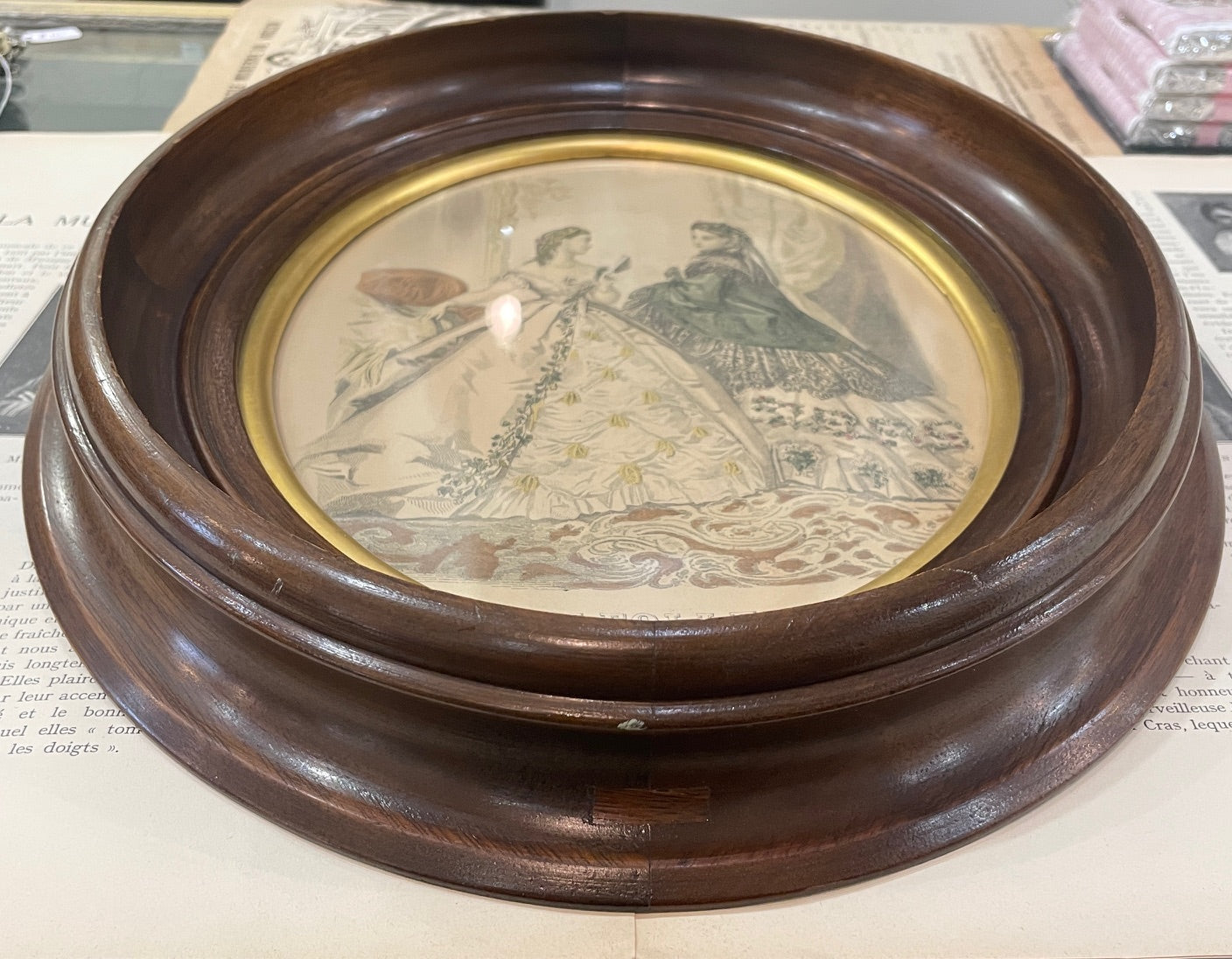 Antique French Fashion "La Mode Illustree" Engraving Wooden Frame Glass c1880