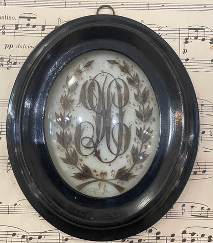 Rare Antique French Mourning Hair Art Domed Glass Wooden Frame c1880