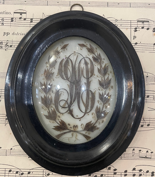 Rare Antique French Mourning Hair Art Domed Glass Wooden Frame c1880