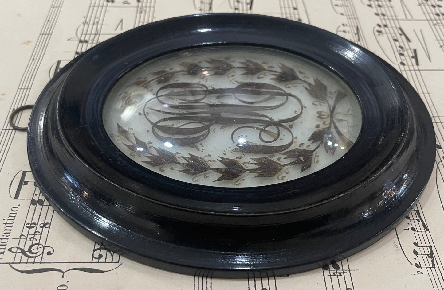 Rare Antique French Mourning Hair Art Domed Glass Wooden Frame c1880