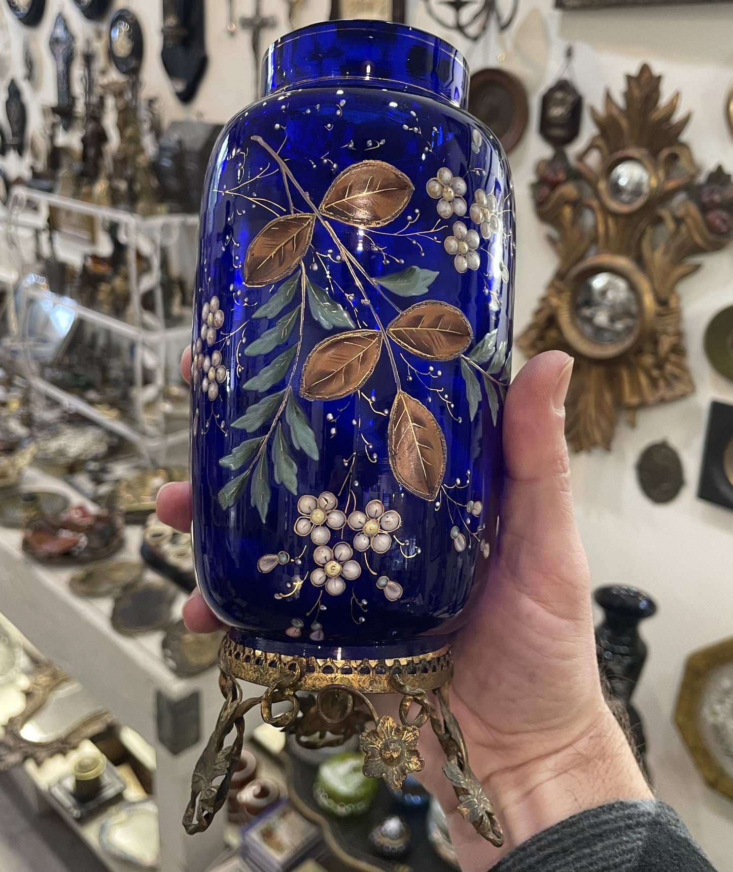 Rare Antique French Blue Glass Hand Painted Enameled Vase Flowers c1900