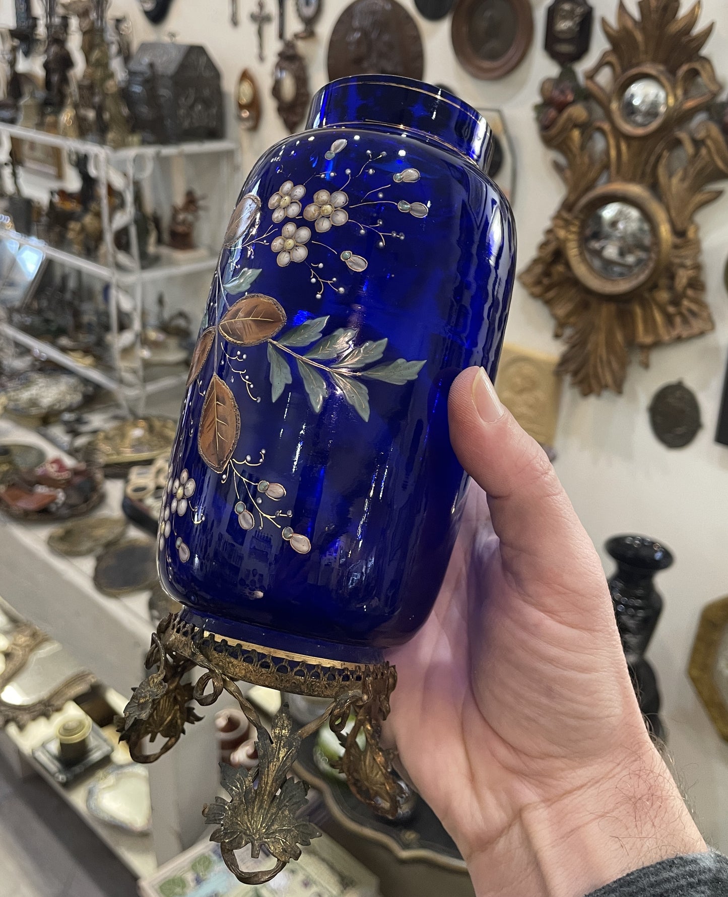 Rare Antique French Blue Glass Hand Painted Enameled Vase Flowers c1900
